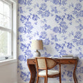 Peony Passion, Blue on White Mural Wallpaper - room preview 05