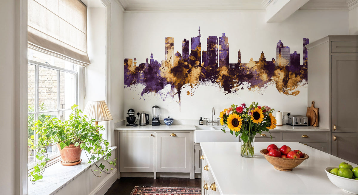 Durban South Africa Skyline Purple & Gold Mural Wallpaper - room preview 05