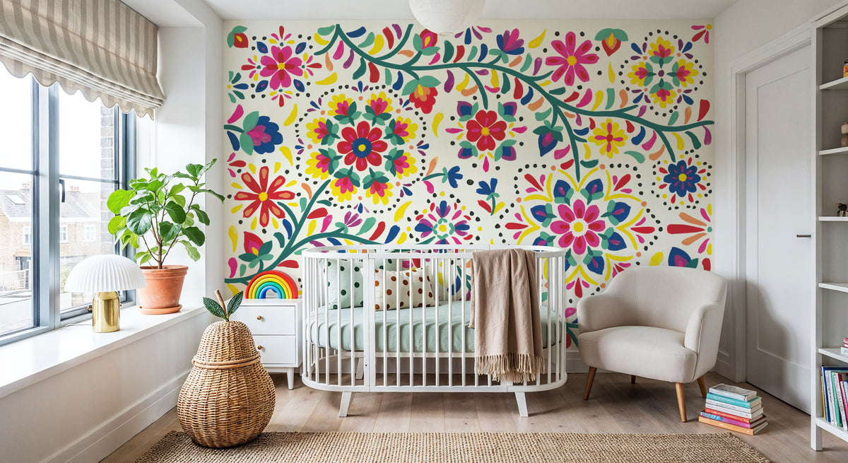 Floral Fiesta White I Mural Wallpaper - room preview 05