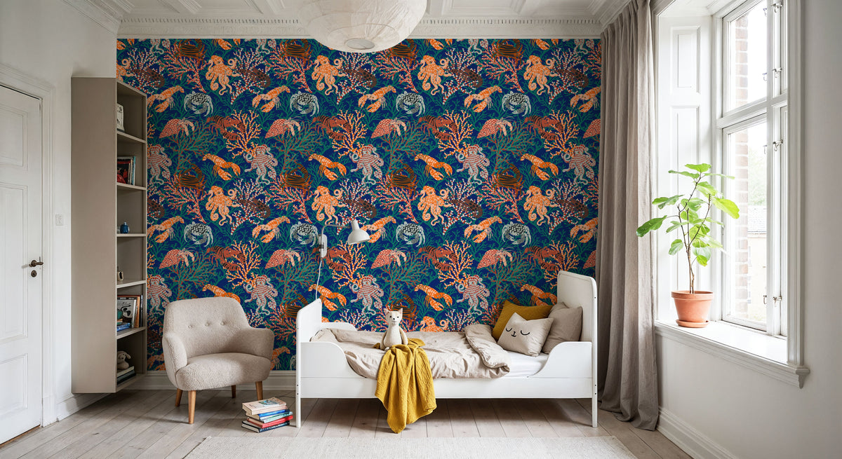 Vibrant Coral Reef, Blue and Orange Mural Wallpaper - room preview 05