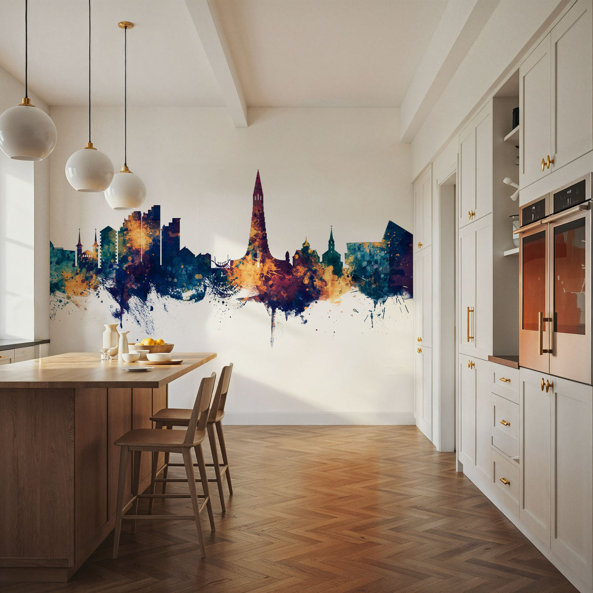 Reykjavík Skyline Blue & Bronze Mural Wallpaper - room preview 05