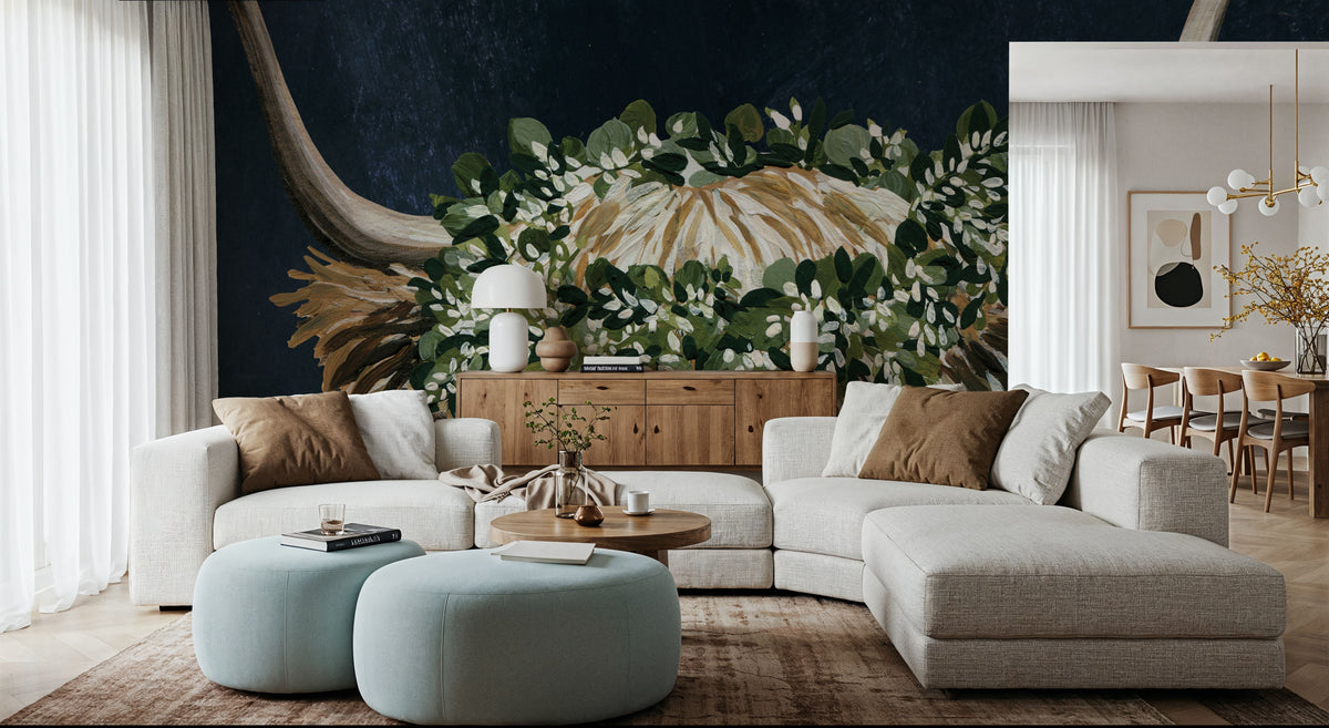 Harvest Cow Sage Texture Dark Mural Wallpaper - room preview 05