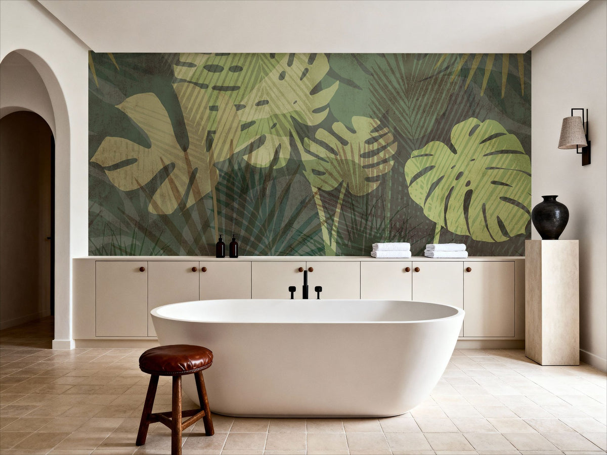Big Monstera Leaves, Olive Mural Wallpaper - room preview 05