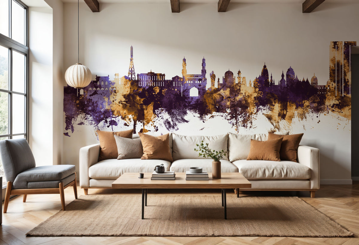 Hyderabad Skyline Purple & Gold Mural Wallpaper - room preview 05