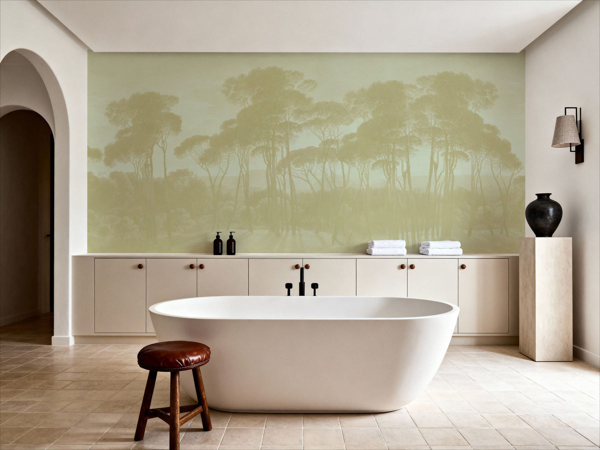 Mediterranean Pine Landscape, Greenish Beige Mural Wallpaper - room preview 05
