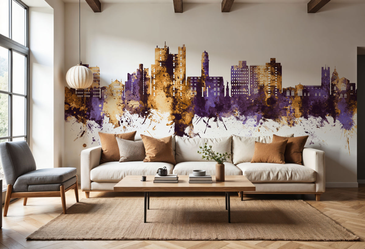 Luton England Skyline Purple & Gold Mural Wallpaper - room preview 05