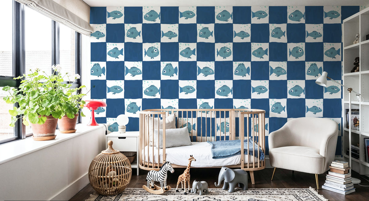 Fish Checkers, Blue Mural Wallpaper - room preview 05