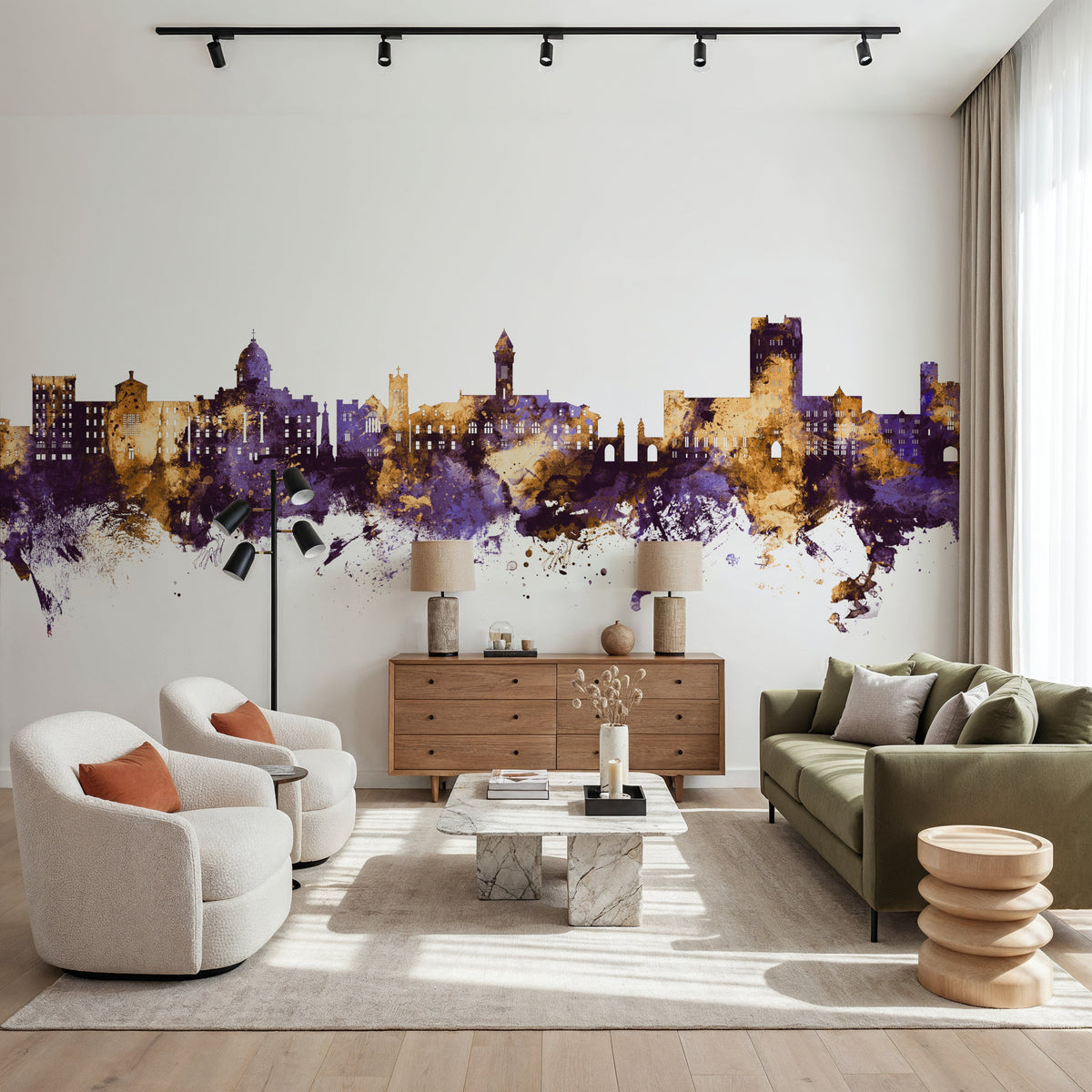Bloomington Indiana Skyline Purple & Gold Mural Wallpaper - room preview 05