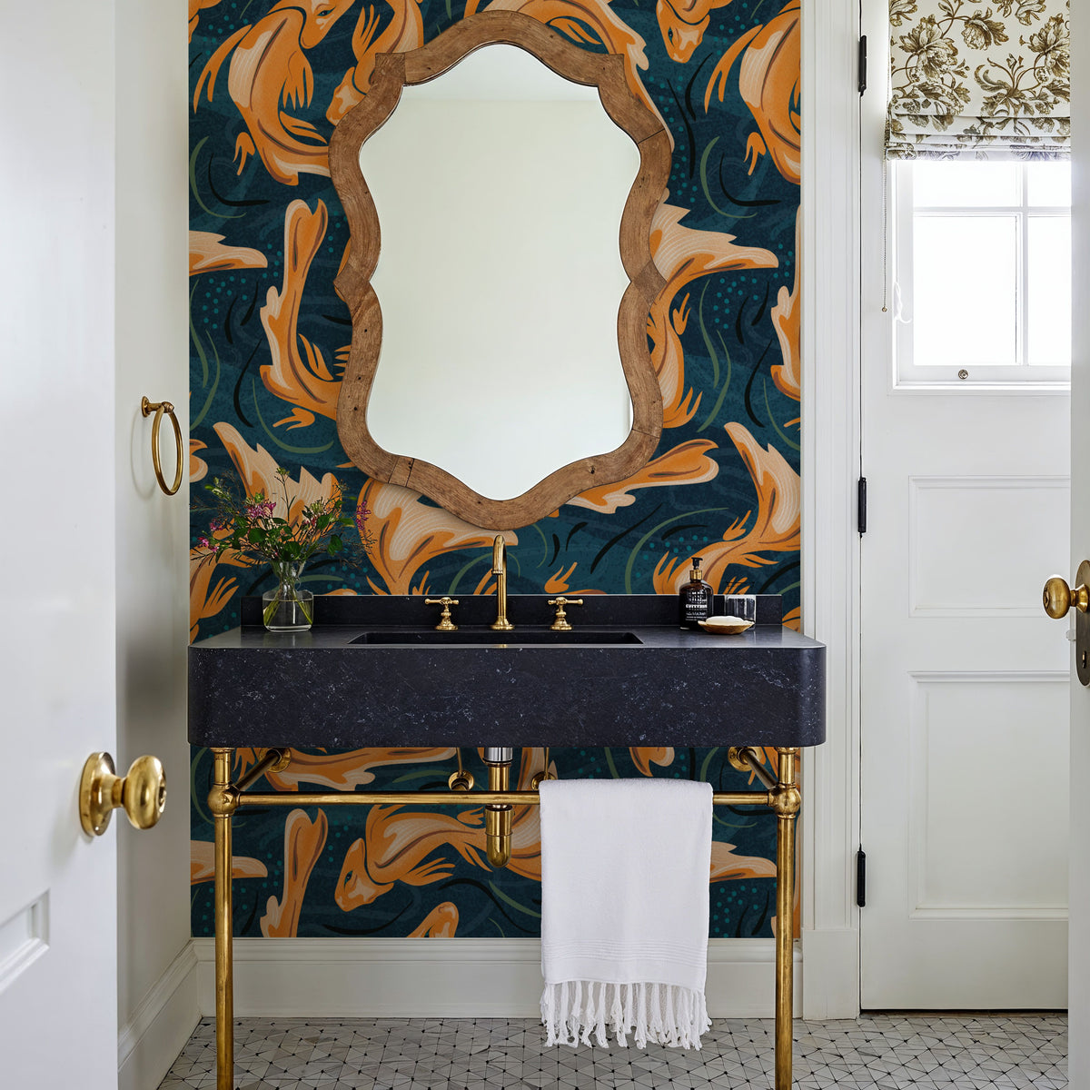 Koi Fish, Ocean Blue Mural Wallpaper - Red Tone - room preview 05