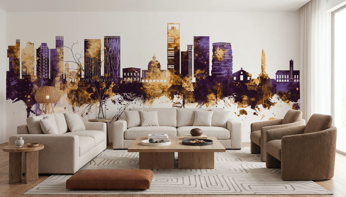 Luanda Skyline Purple & Gold Mural Wallpaper - room preview 05