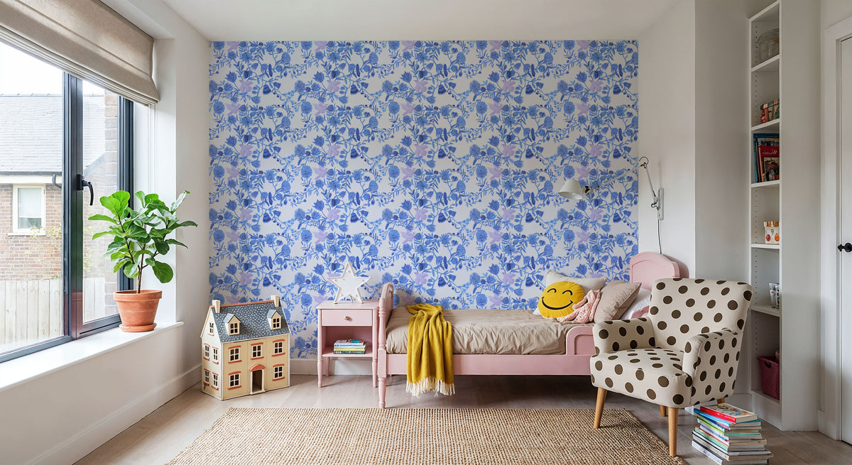 Miracle Blossoms and Birds, Blues Mural Wallpaper - room preview 05