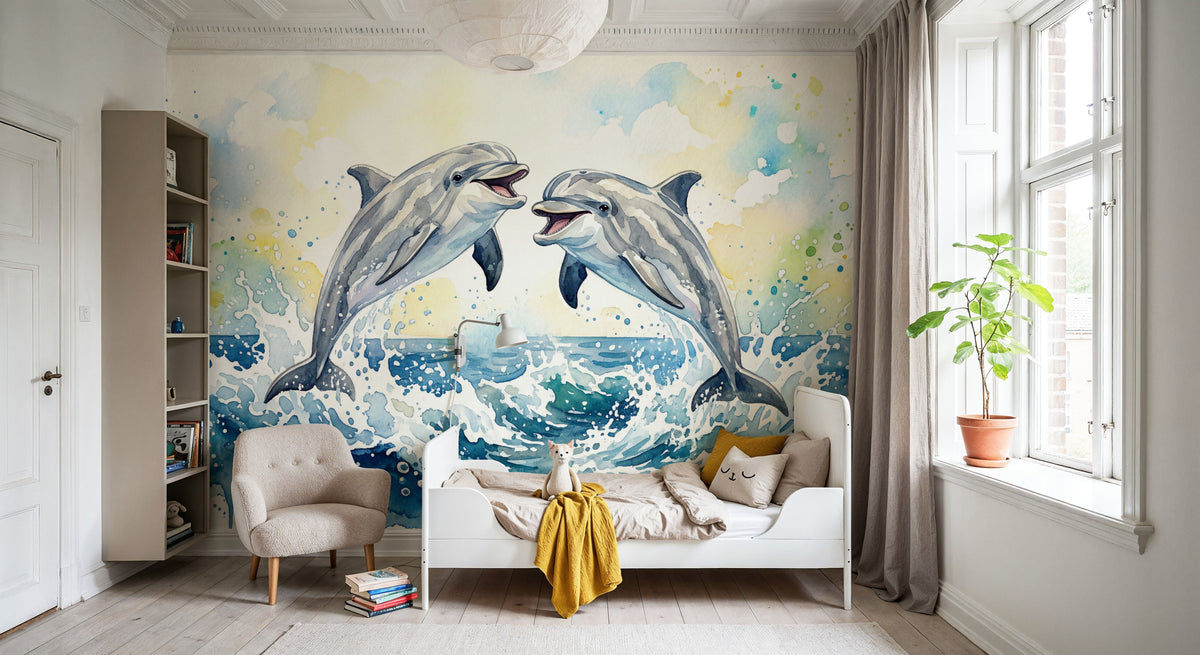 Dolphins II - Watercolor Spirit Animals Series Mural Wallpaper - room preview 05