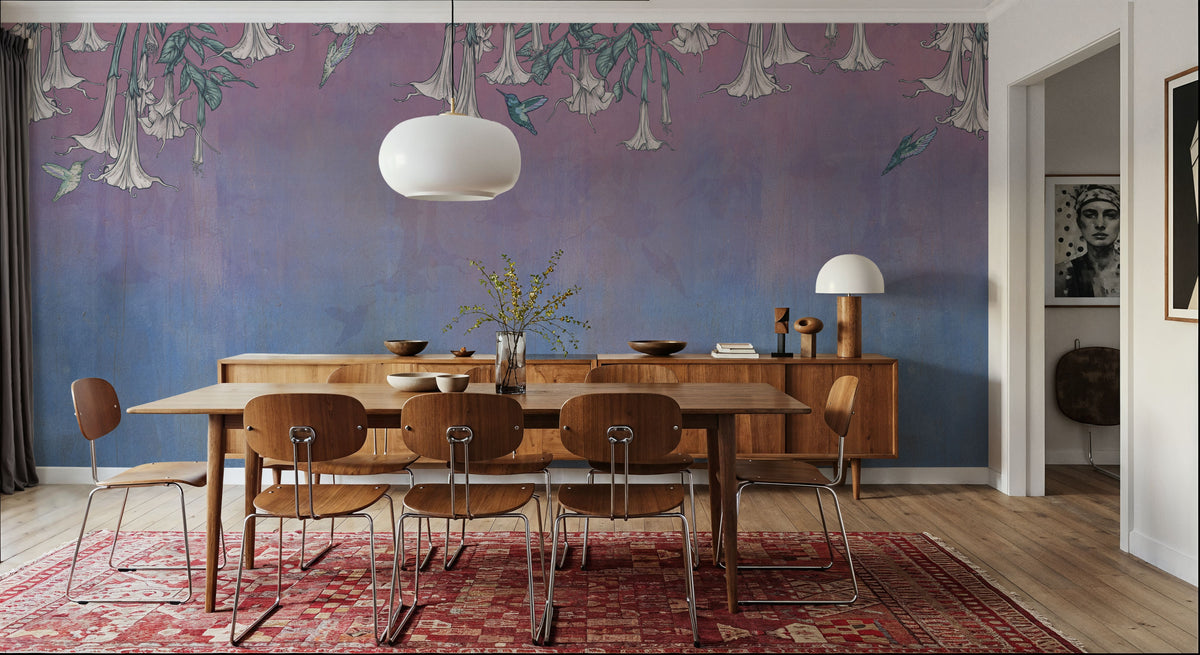 Hummingbirds and Trumpets Pink Blue Mural Wallpaper - room preview 05