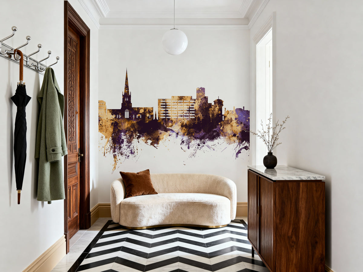 Solihull England Skyline Purple & Gold Mural Wallpaper - room preview 05