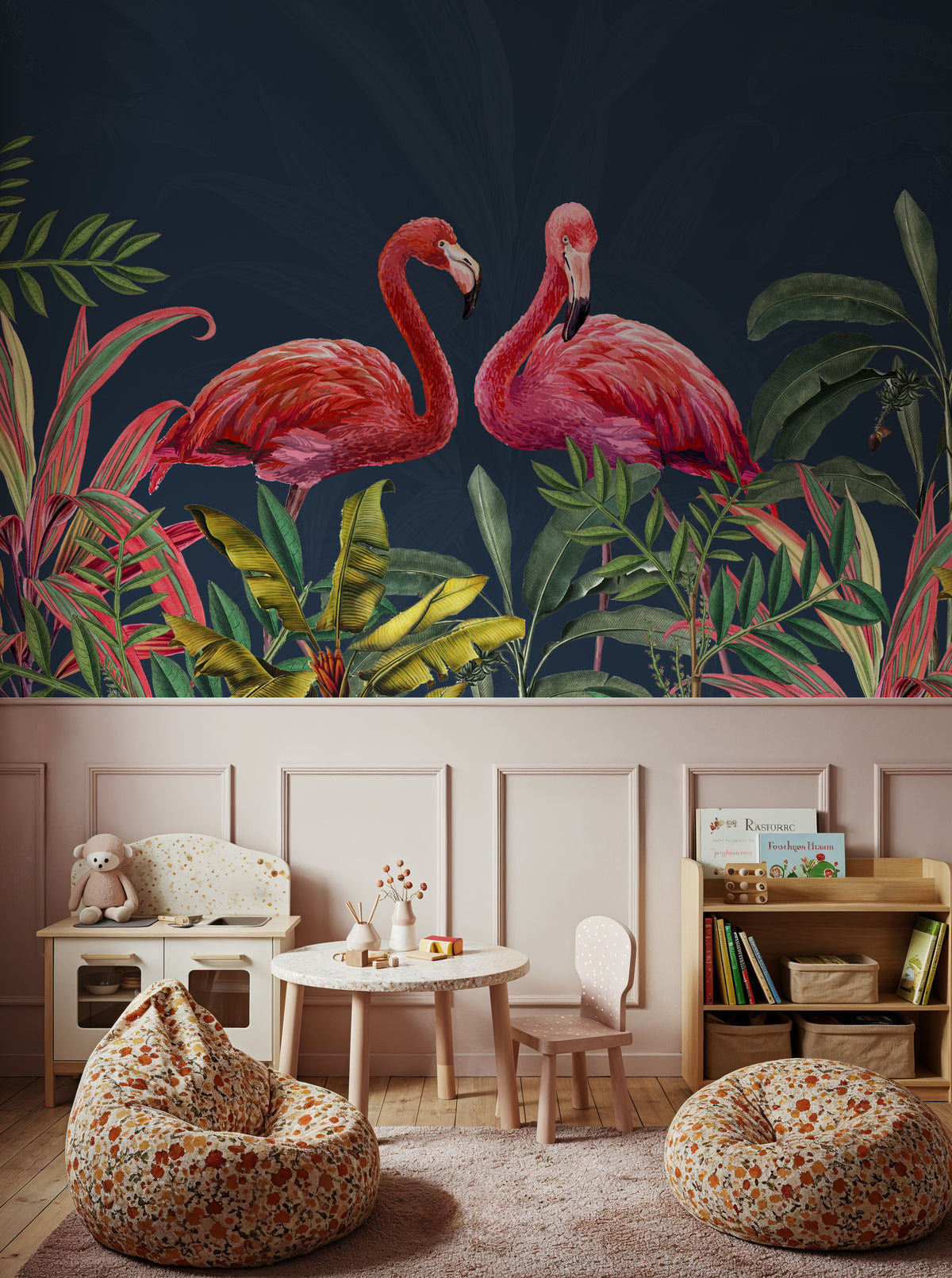 Shy Flamingos Blue Mural Wallpaper - room preview 05