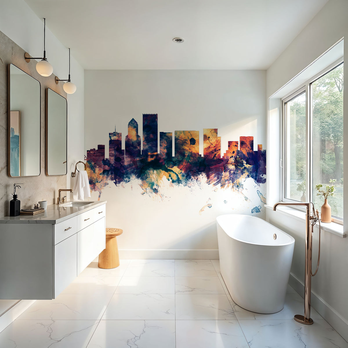 Portland Oregon Skyline Blue & Bronze Mural Wallpaper - room preview 05