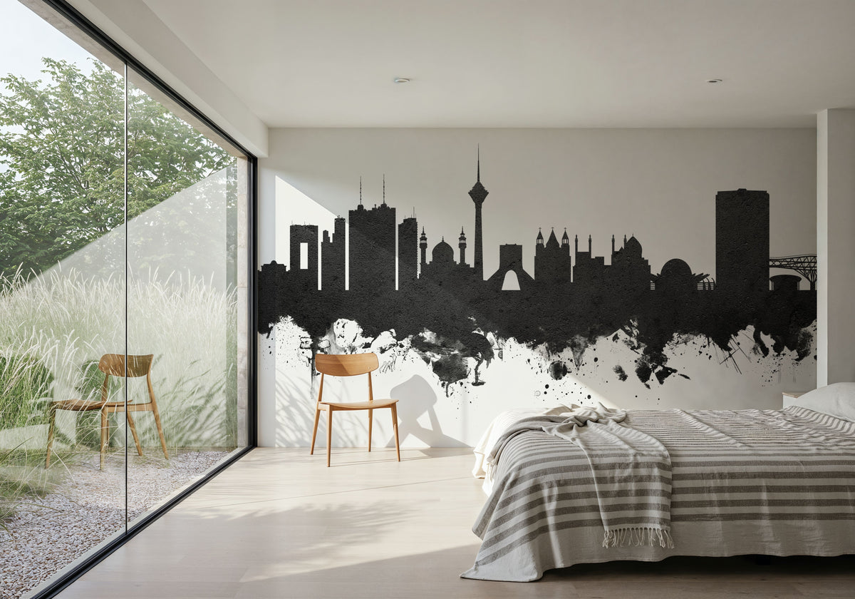 Tehran Iran Skyline Black & White Mural Wallpaper - room preview 05
