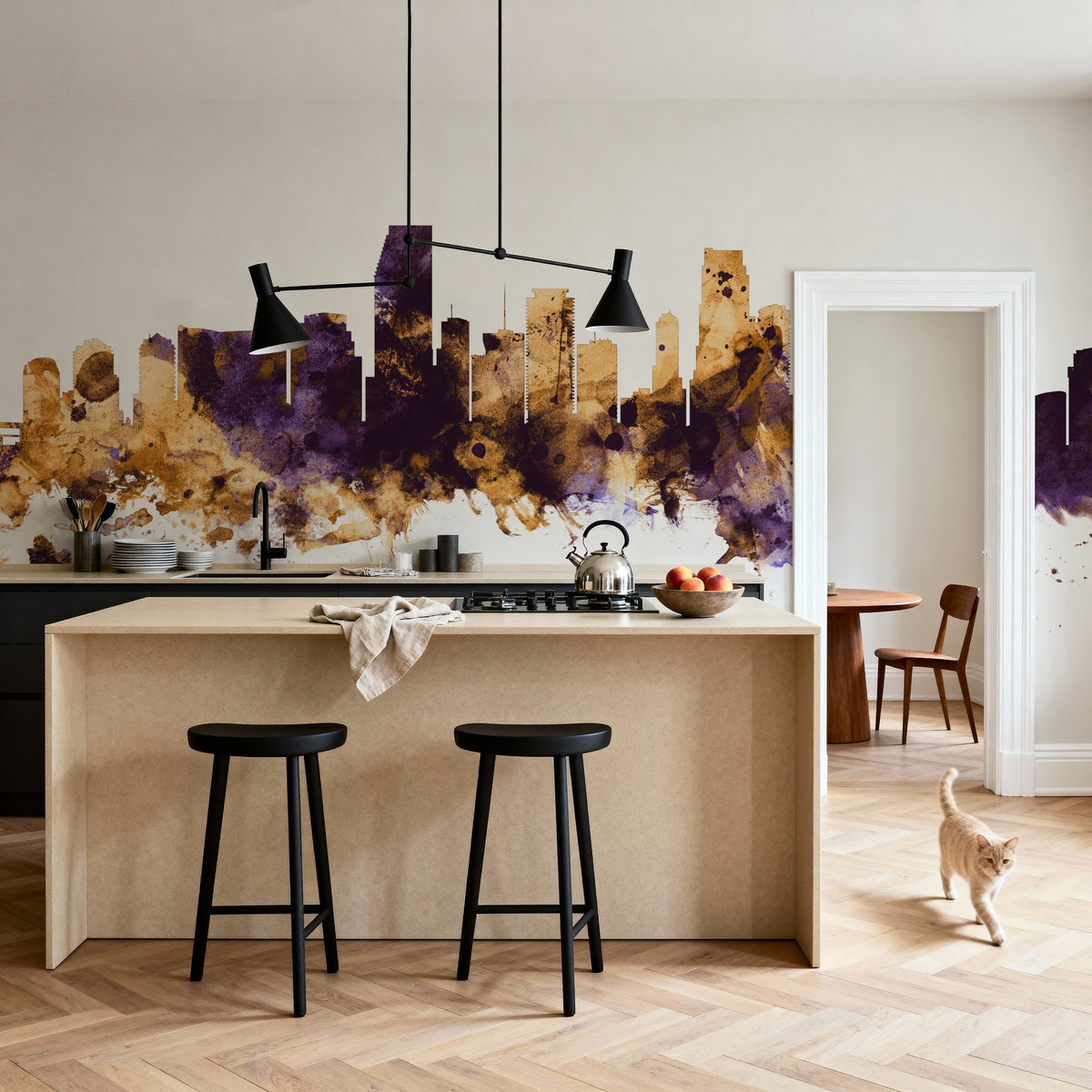 Miami Florida Skyline Purple & Gold Mural Wallpaper - room preview 05