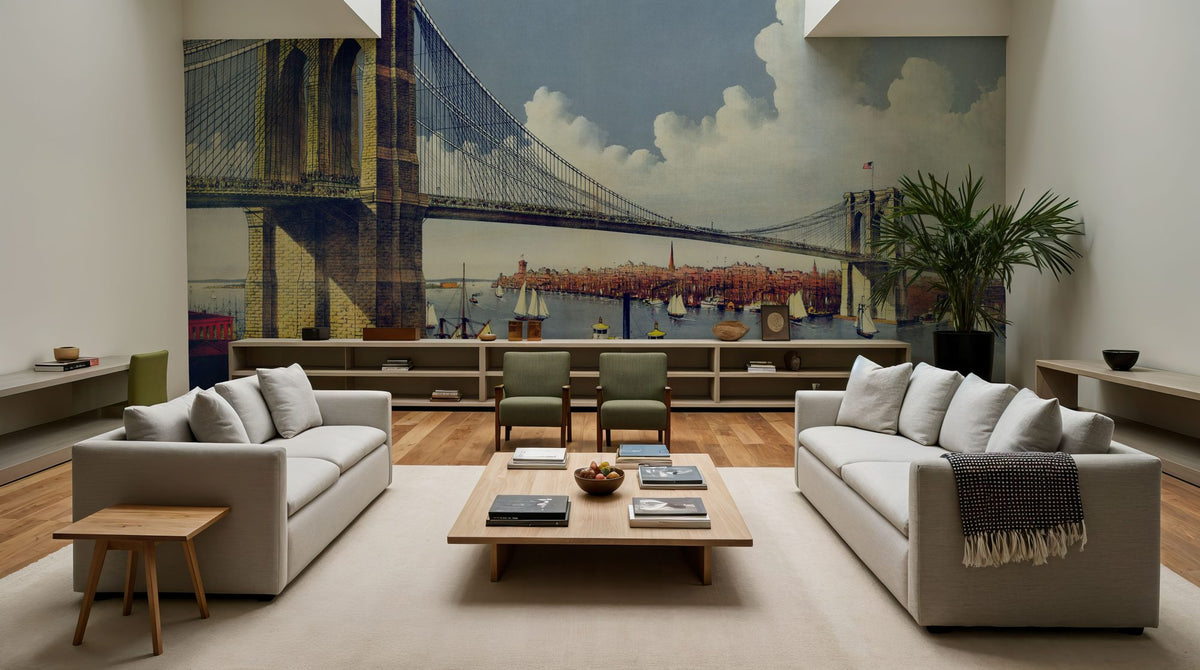 Vintage Illustration of East River Bridge, New York Mural Wallpaper - room preview 05