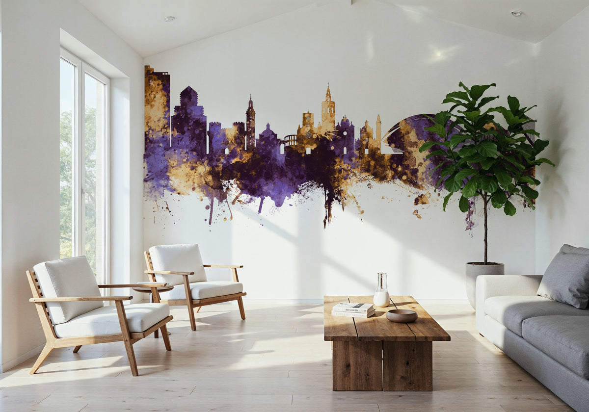 Valencia Spain Skyline Purple & Gold Mural Wallpaper - room preview 05