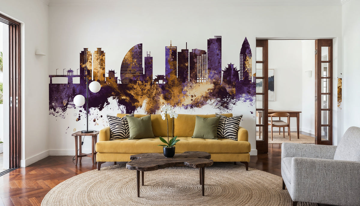 Ulaanbaatar Mongolia Skyline Purple & Gold Mural Wallpaper - room preview 05