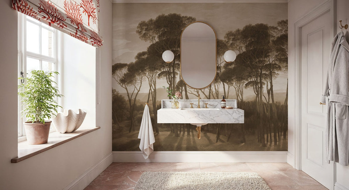 Mediterranean Pine Landscape, Sepia Mural Wallpaper - room preview 05