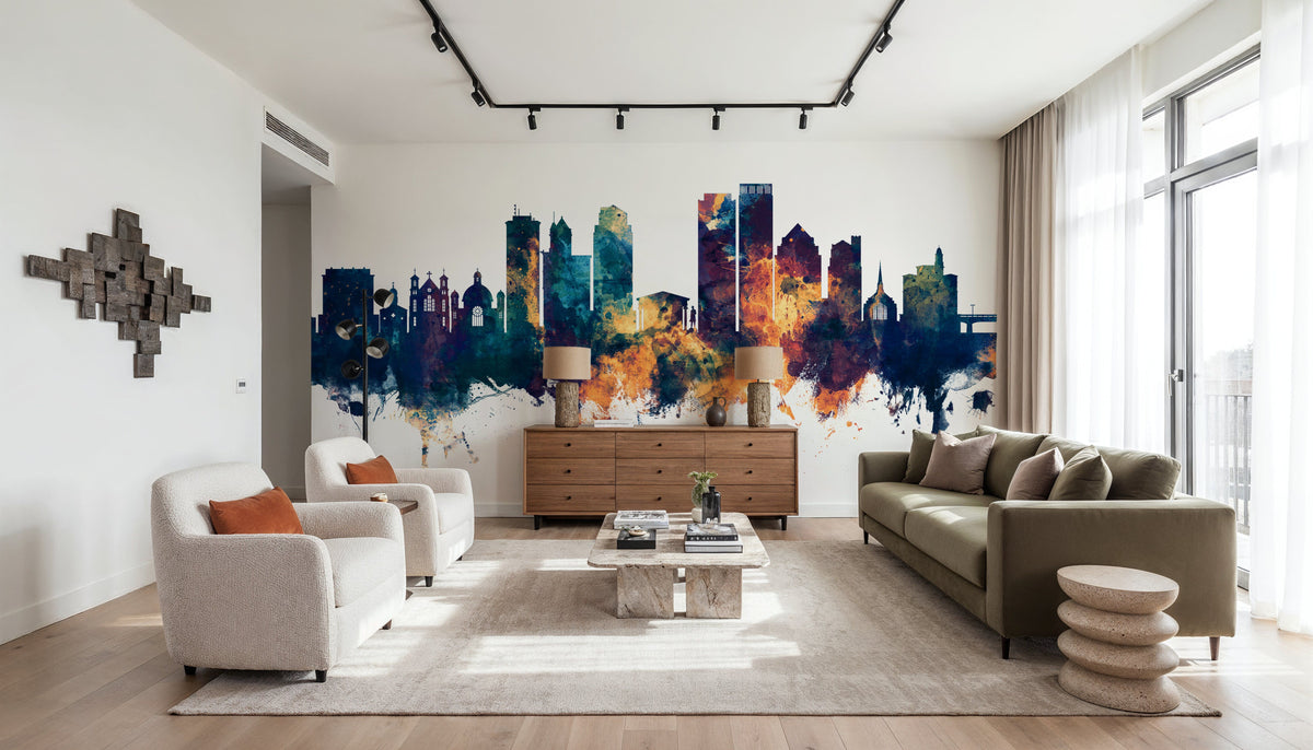 Dayton Ohio Skyline Blue & Bronze Mural Wallpaper - room preview 05