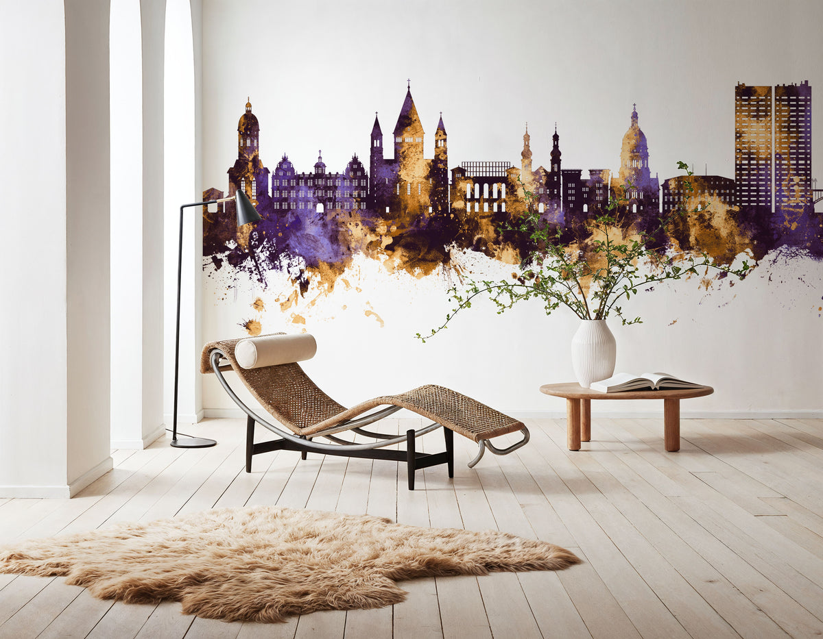 Mainz Germany Skyline Purple & Gold Mural Wallpaper - room preview 05