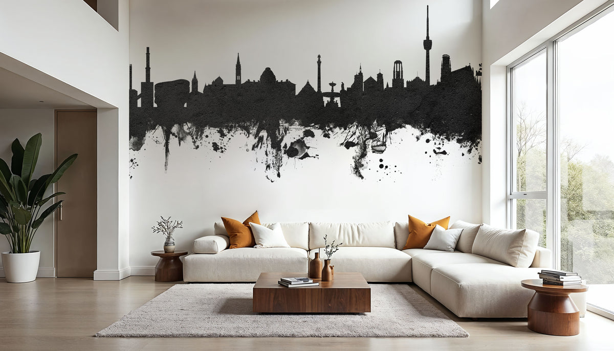 Stuttgart Germany Skyline Black & White Mural Wallpaper - room preview 05