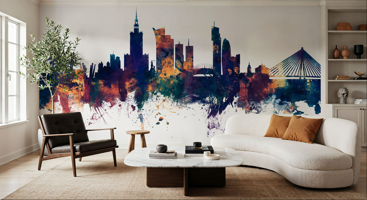 Warsaw Poland Skyline Blue & Bronze Mural Wallpaper - room preview 05