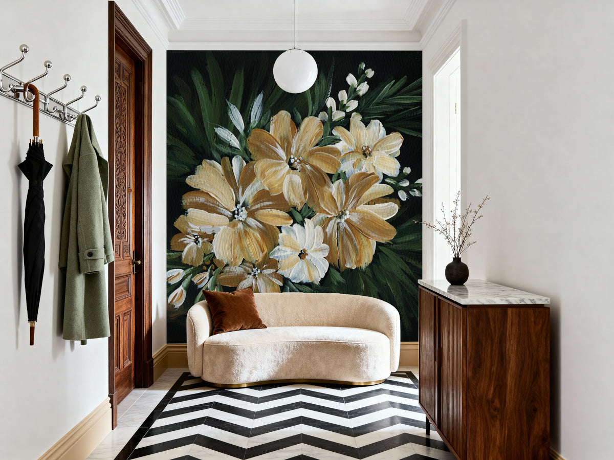 Moody Golden Florals Mural Wallpaper - room preview 05