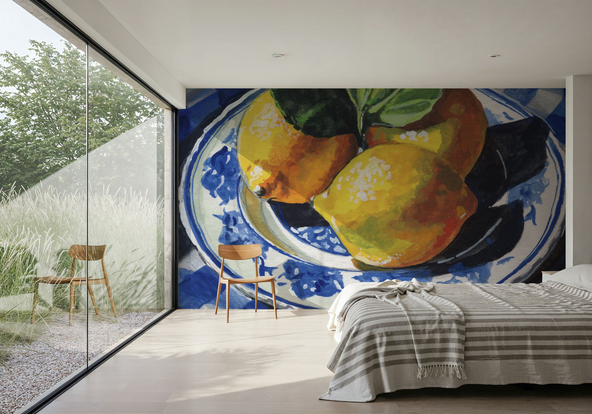 Lemons on a Blue Table Mural Wallpaper - room preview 05