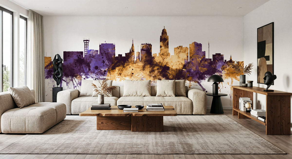 Lincoln Nebraska Skyline Purple & Gold Mural Wallpaper - room preview 05