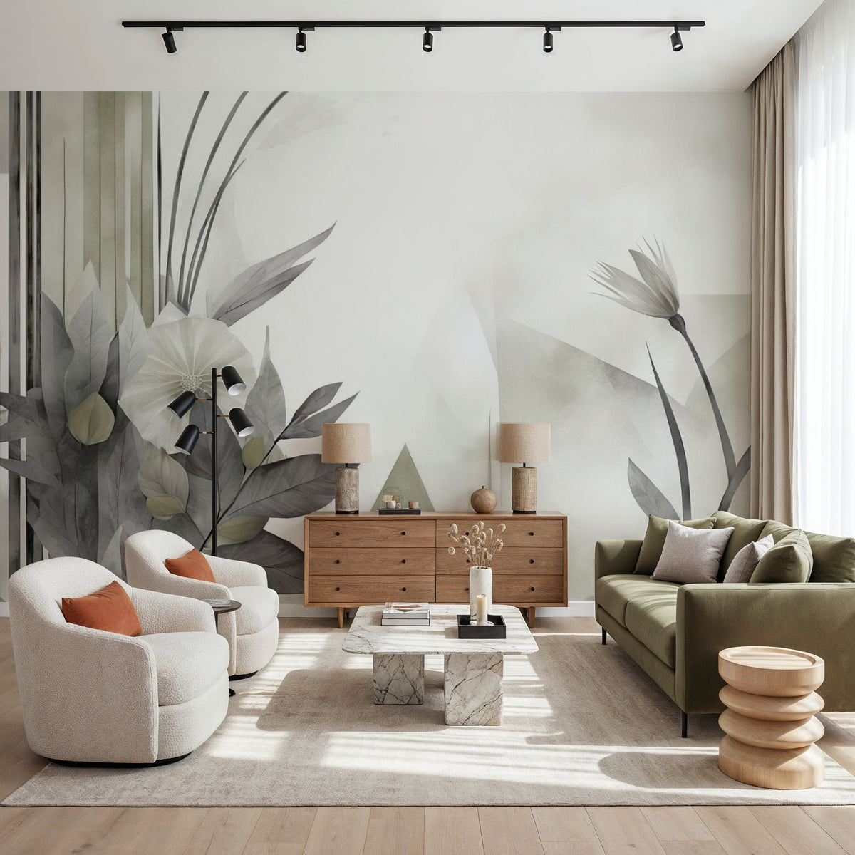 Floral Watercolor Abstract Green Mural Wallpaper - room preview 05