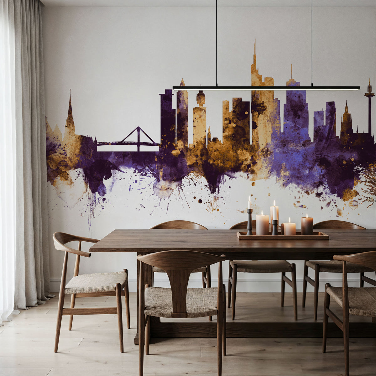 Frankfurt Skyline Purple & Gold Mural Wallpaper - room preview 05