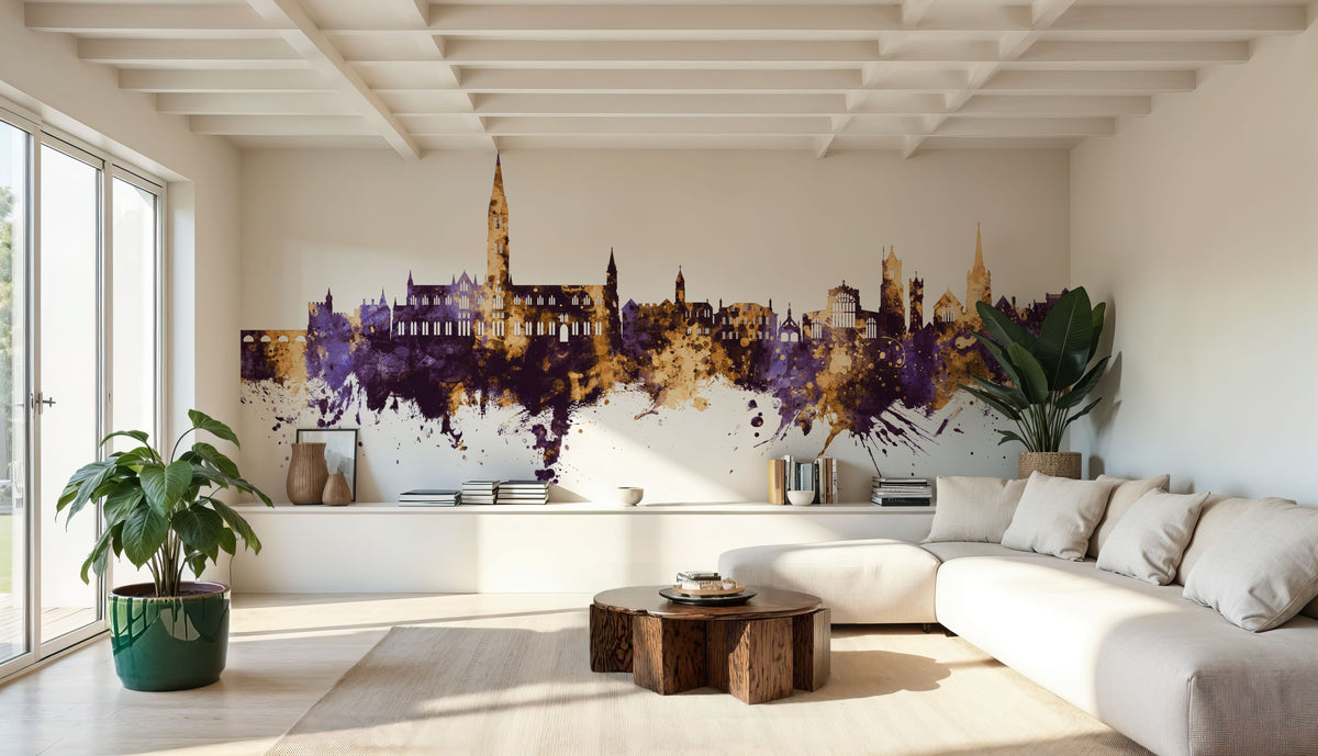 Salisbury England Skyline Purpl & Gold Mural Wallpaper - room preview 05