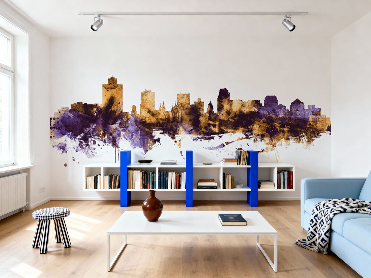 Salt Lake City Utah Skyline Purple & Gold Mural Wallpaper - room preview 05