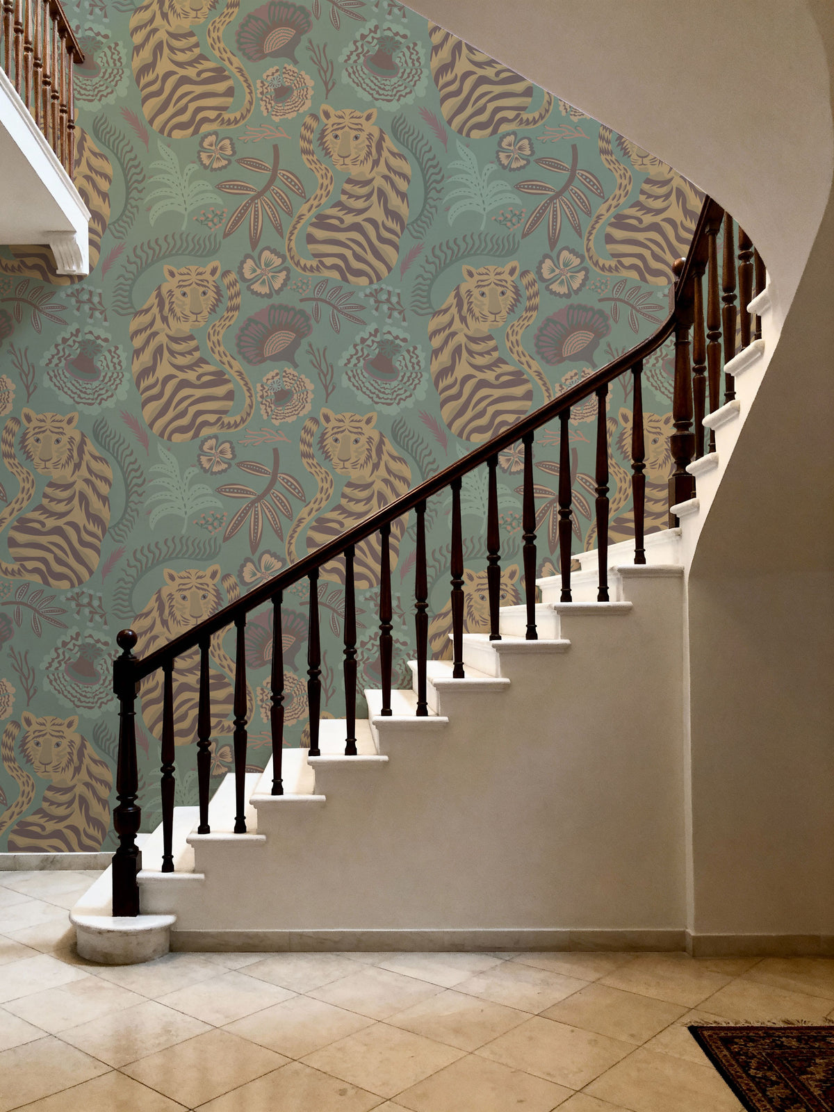 Painterly Tigers Mint Mural Wallpaper - room preview 05