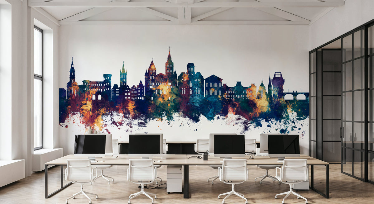 Trier Germany Skyline Blue & Bronze Mural Wallpaper - room preview 05