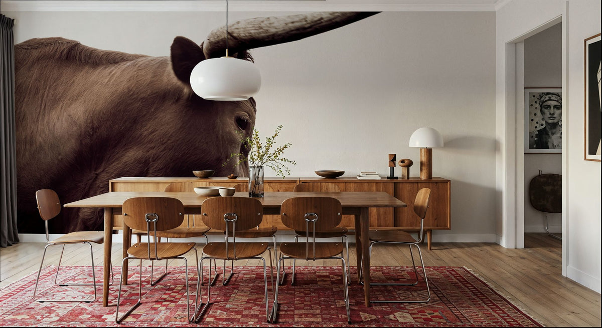 Longhorn Sunset Graze Sepia Mural Wallpaper - room preview 05