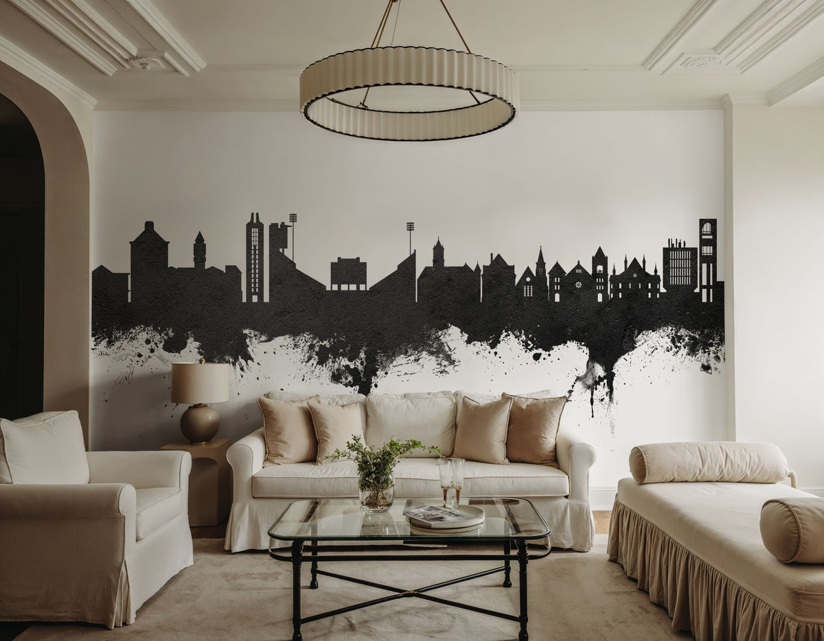 Lawrence Kansas Skyline Black & White Mural Wallpaper - room preview 05