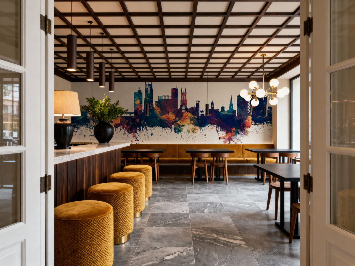 Derby England Skyline Blue & Bronze Mural Wallpaper - room preview 05