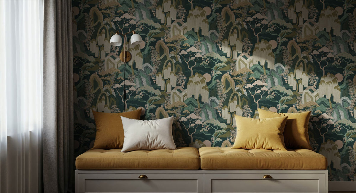Whispers of the Mountain Pattern, Green Mural Wallpaper - room preview 05