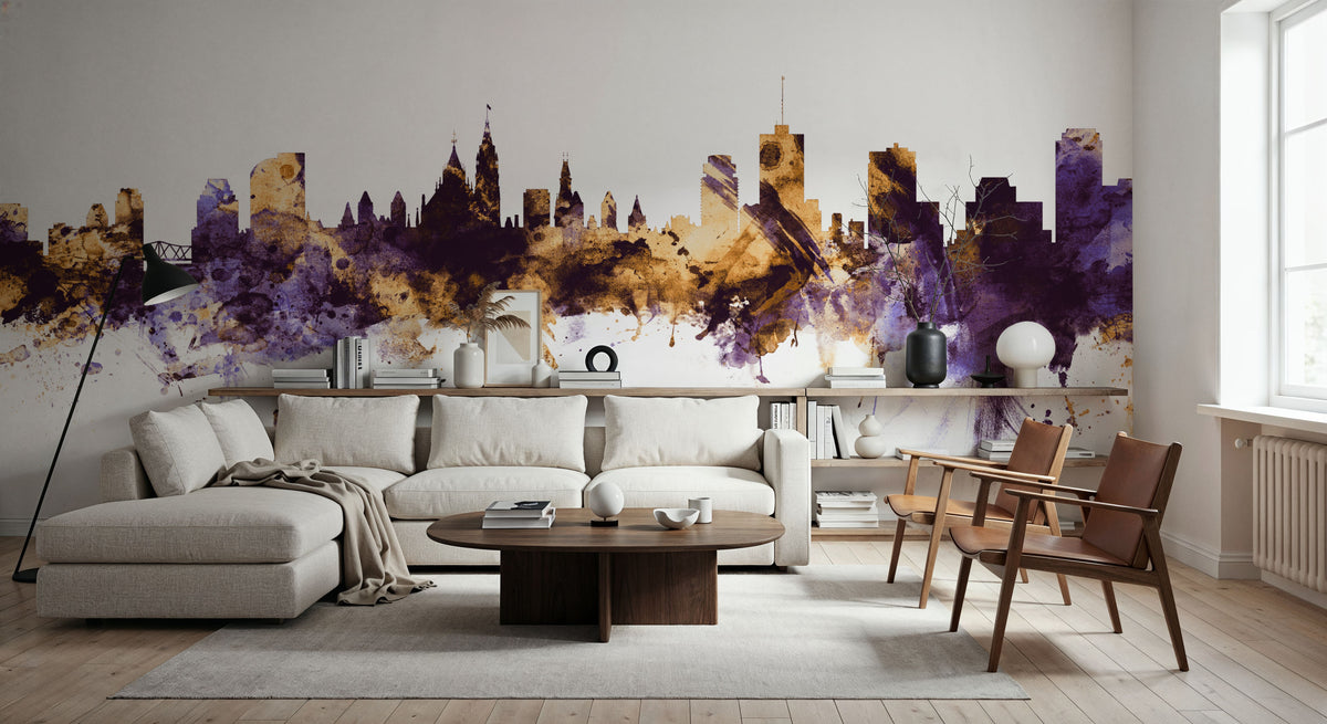 Ottowa Canada Skyline Purple & Gold Mural Wallpaper - room preview 05