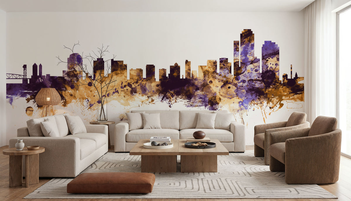Wilmington Delaware Skyline Purple & Gold Mural Wallpaper - room preview 05