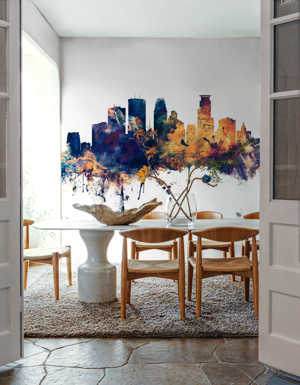Minneapolis Minnesota Skyline Blue & Bronze Mural Wallpaper - room preview 05