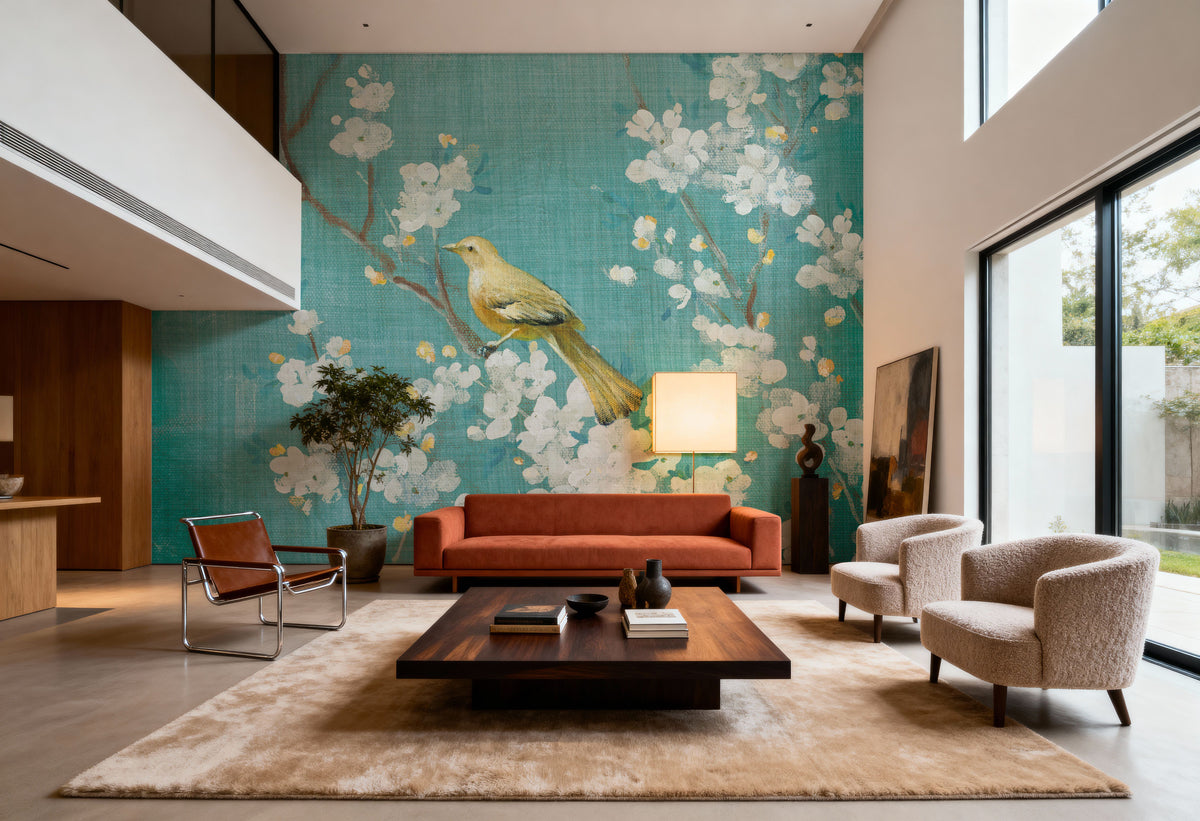 White Cherry Blossoms II on Blue Aged Mural Wallpaper - room preview 05