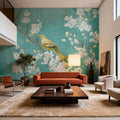 White Cherry Blossoms II on Blue Aged Mural Wallpaper - room preview 05