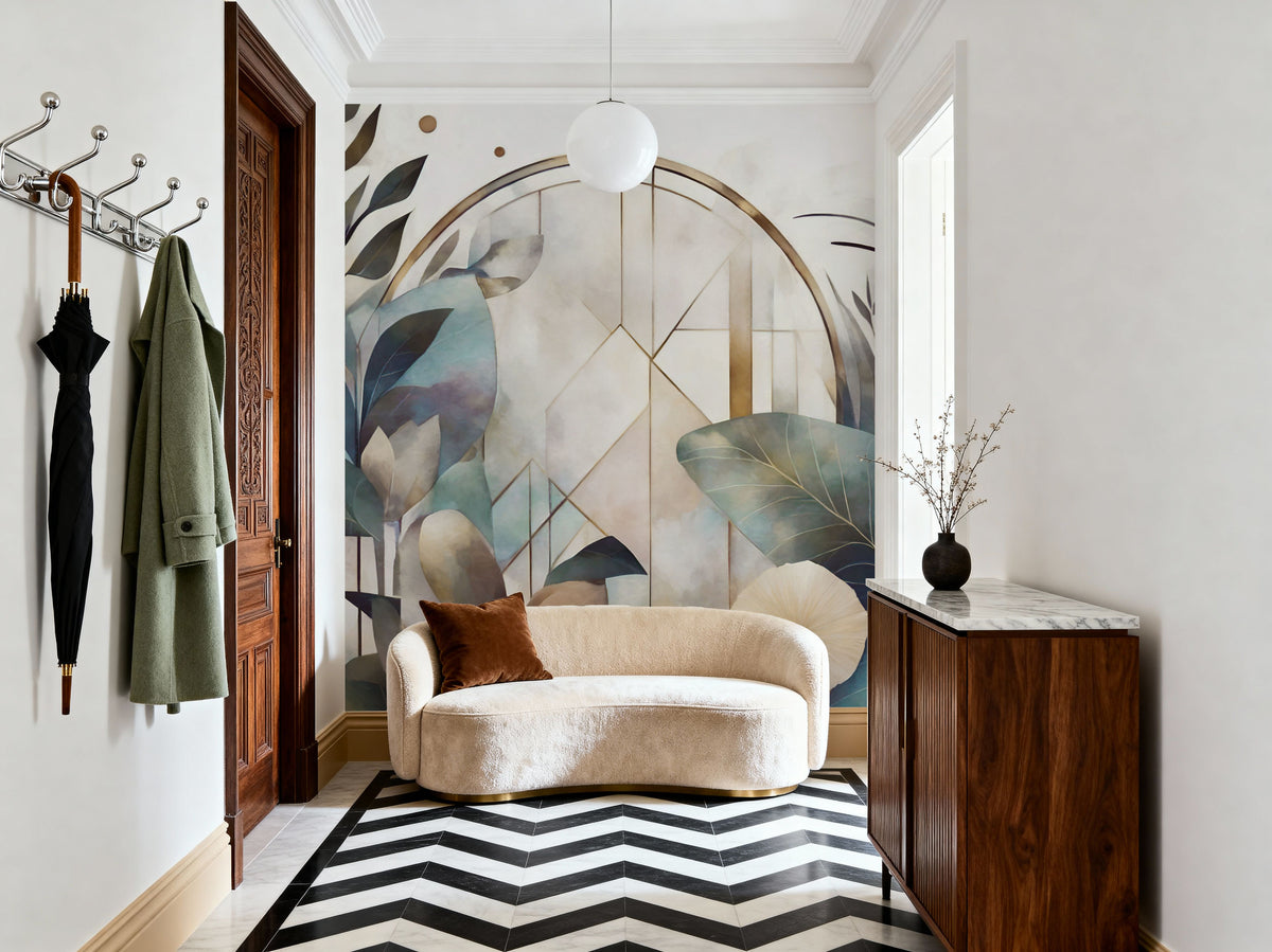 Art Deco Floral Geometry Yellow Mural Wallpaper - room preview 05