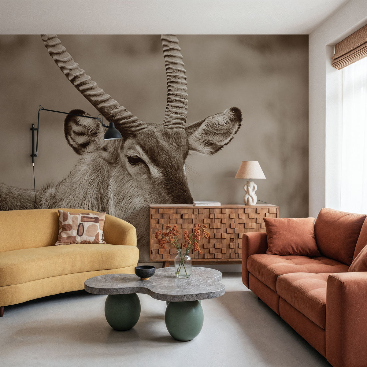 Waterbuck Portrait Sepia Mural Wallpaper - room preview 05